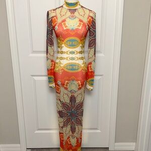 💛💙🧡 Mesh Multicolor Printed Maxi Dress Small NWT